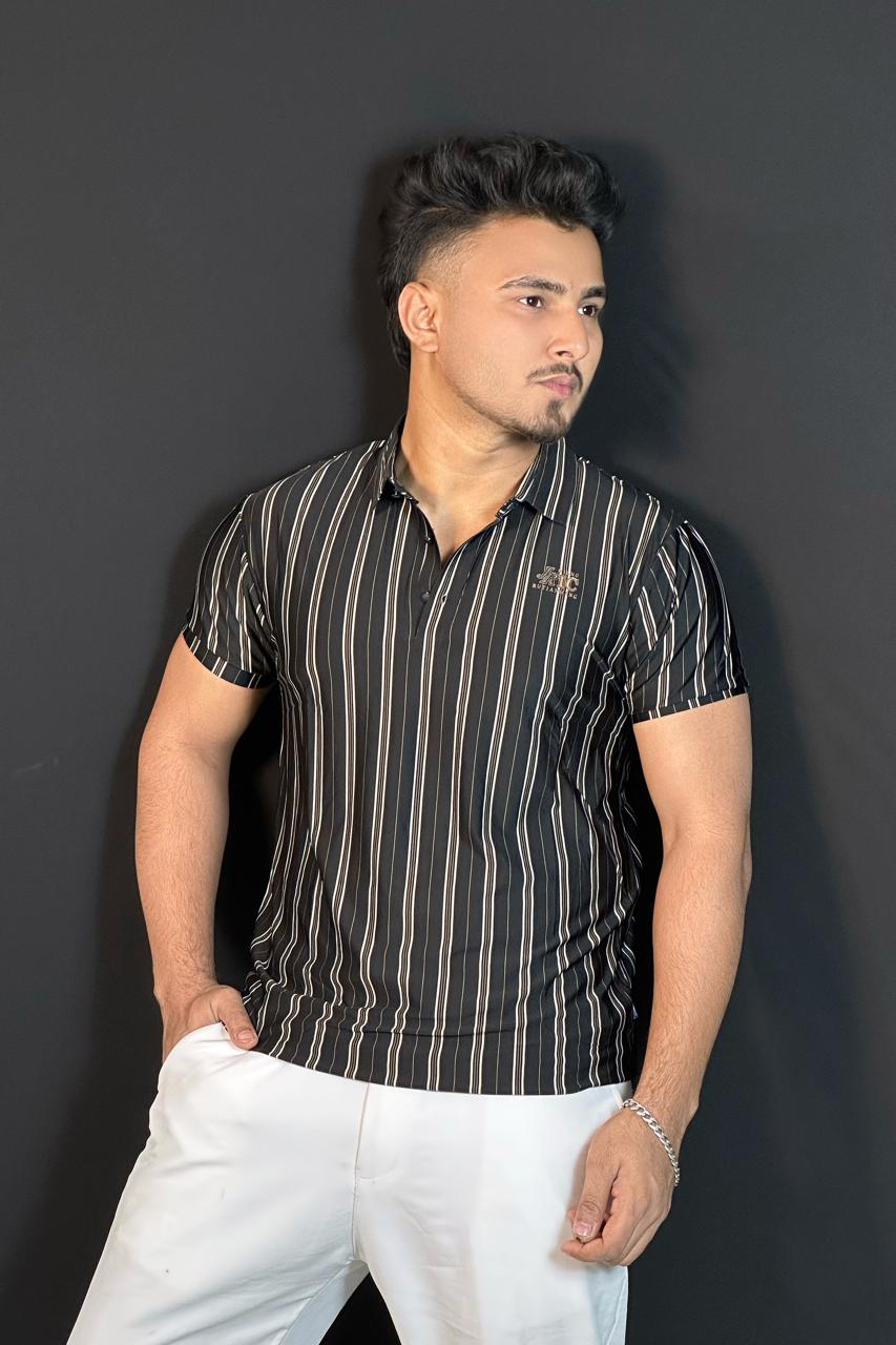 কালো স্ট্রাইপ পোলো টি-শার্ট-Prince